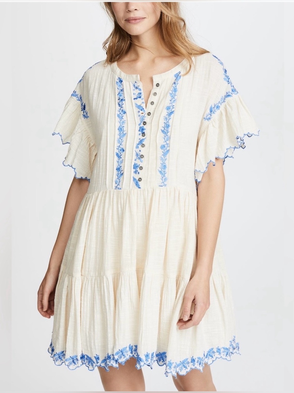 Free People Ivory & Blue Santiago Embroidered Floral Mini Dress XS Boho Peasant